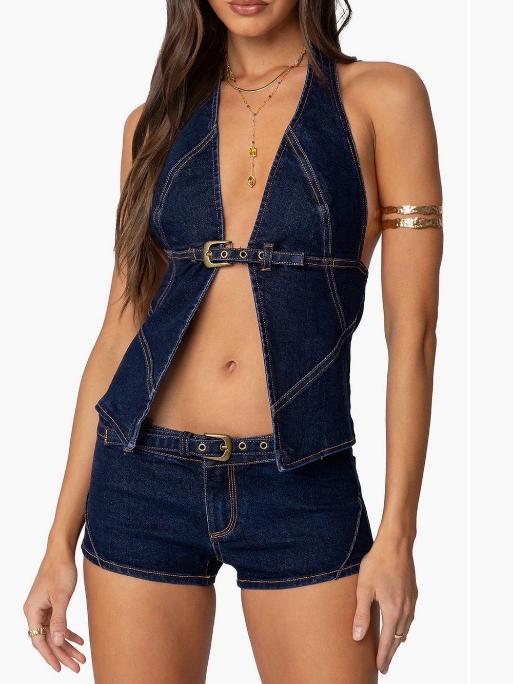Edikted Ciel Split front Denim Halter Belted Crop Top